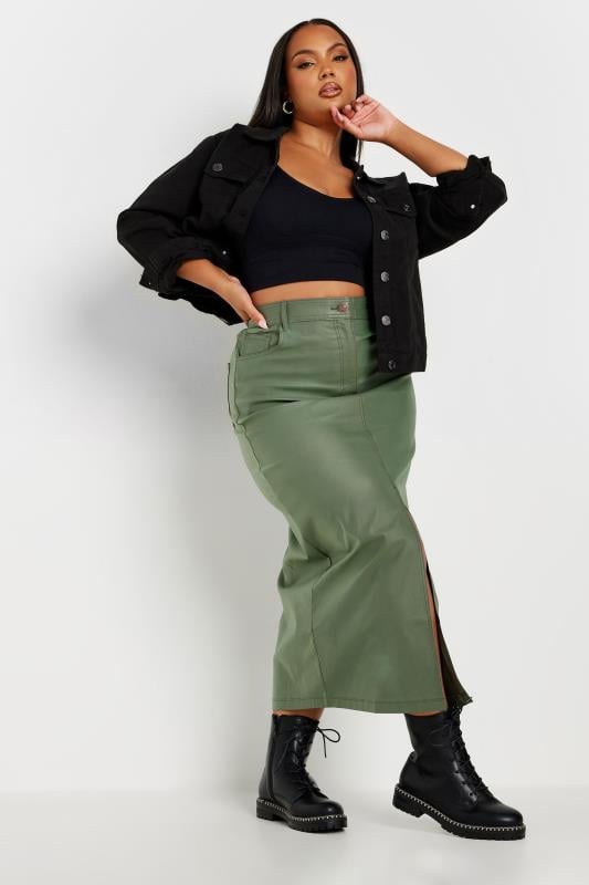 Evans YOURS Curve Khaki Green Coated Split Hem Midaxi Skirt
