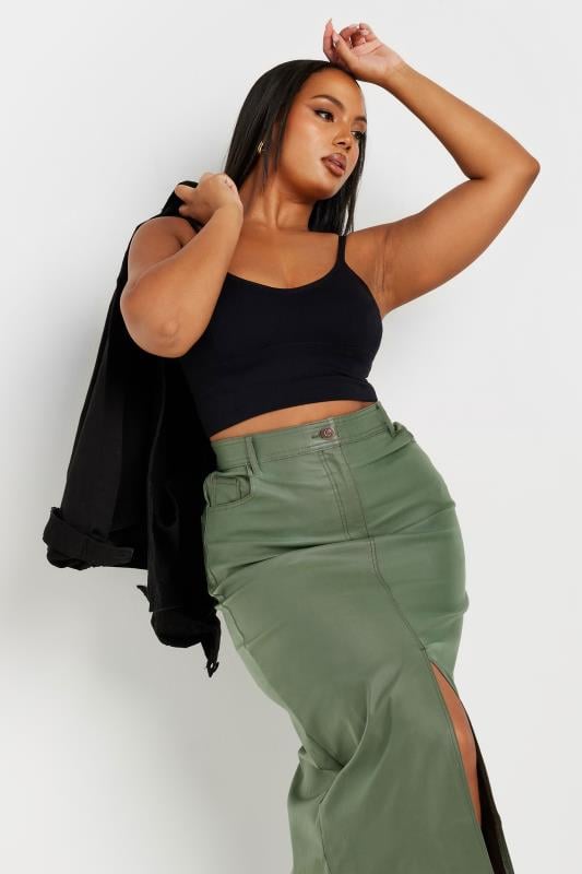 Evans YOURS Curve Khaki Green Coated Split Hem Midaxi Skirt