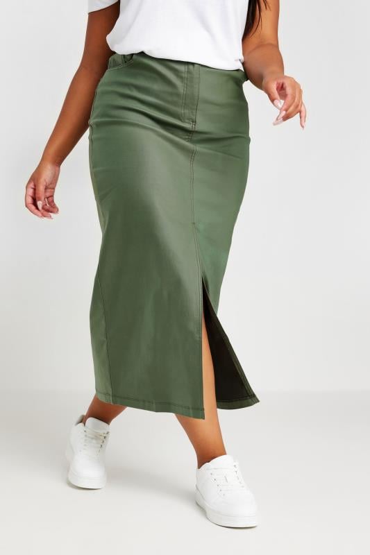 evans YOURS Curve Khaki Green Coated Split Hem Midaxi Skirt