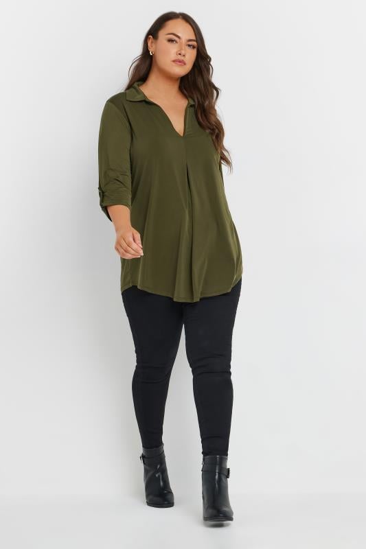 Evans YOURS Curve Khaki Green Collared Pleat Front Swing Top