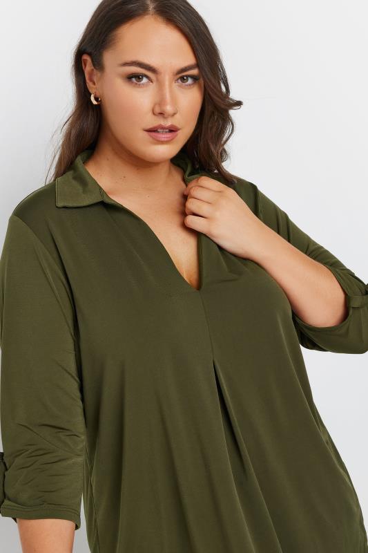 Evans YOURS Curve Khaki Green Collared Pleat Front Swing Top