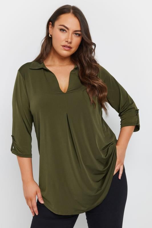 evans YOURS Curve Khaki Green Collared Pleat Front Swing Top