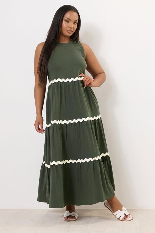 Evans YOURS Curve Khaki Green Contrast Swirl Tiered Maxi Dress
