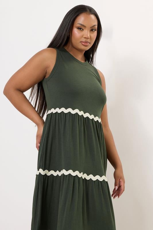 Evans YOURS Curve Khaki Green Contrast Swirl Tiered Maxi Dress
