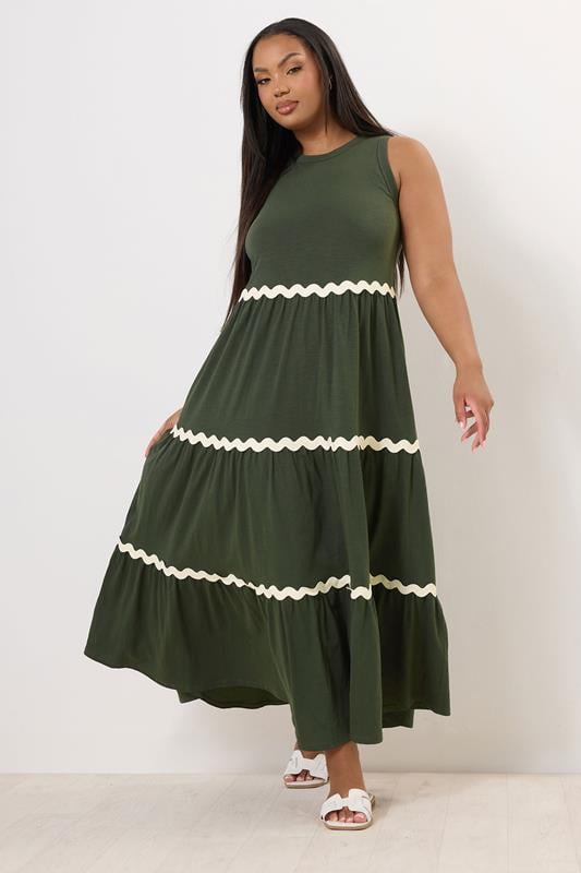 evans YOURS Curve Khaki Green Contrast Swirl Tiered Maxi Dress