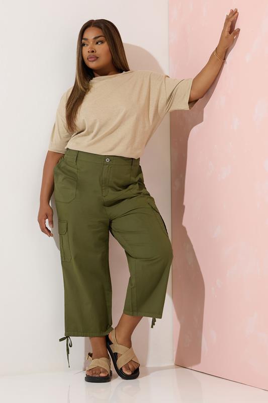 Evans YOURS Curve Khaki Green Cotton Cropped Cargo Trousers