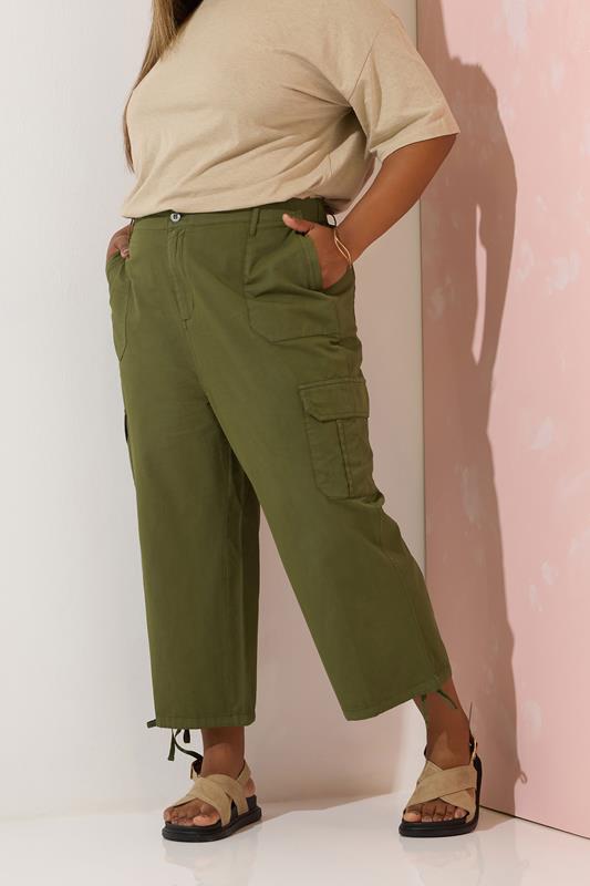 evans YOURS Curve Khaki Green Cotton Cropped Cargo Trousers