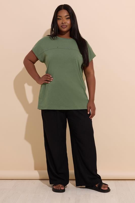 Evans YOURS Curve Khaki Green Cotton Stud Detail T-Shirt