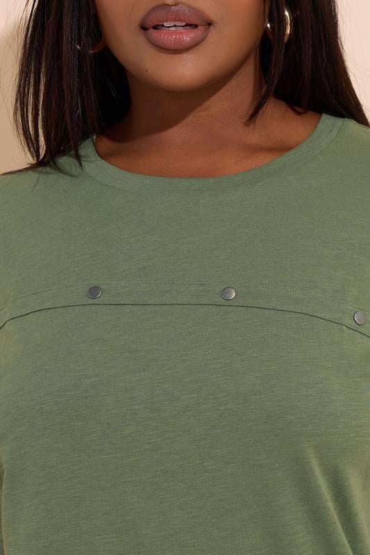 Evans YOURS Curve Khaki Green Cotton Stud Detail T-Shirt