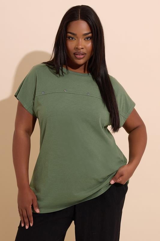 evans YOURS Curve Khaki Green Cotton Stud Detail T-Shirt
