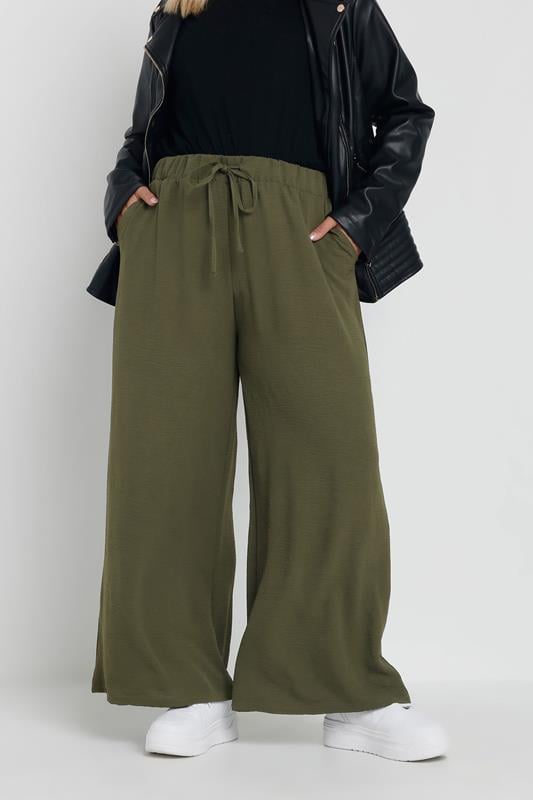 evans YOURS Curve Khaki Green Crepe Wide Leg Trousers