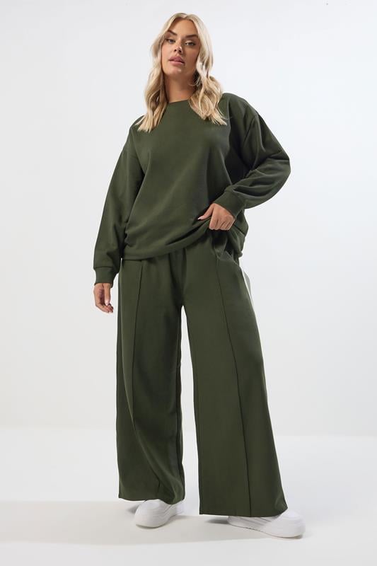evans YOURS Curve Khaki Green Crew Neck Sweatshirt & Jogger Set