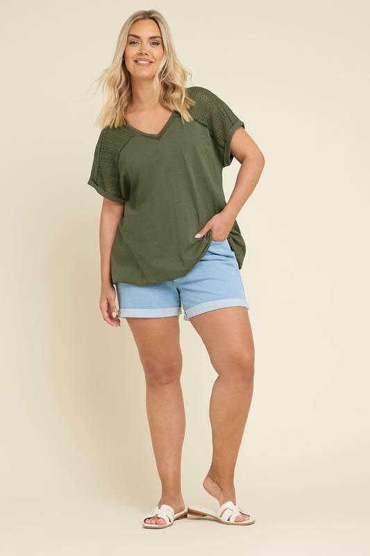 Evans YOURS Curve Khaki Green Crochet Bubble Hem T-Shirt