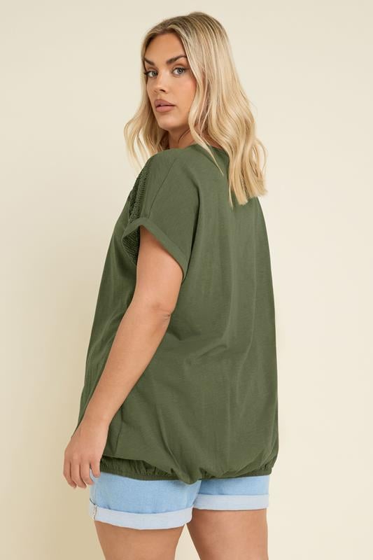 Evans YOURS Curve Khaki Green Crochet Bubble Hem T-Shirt