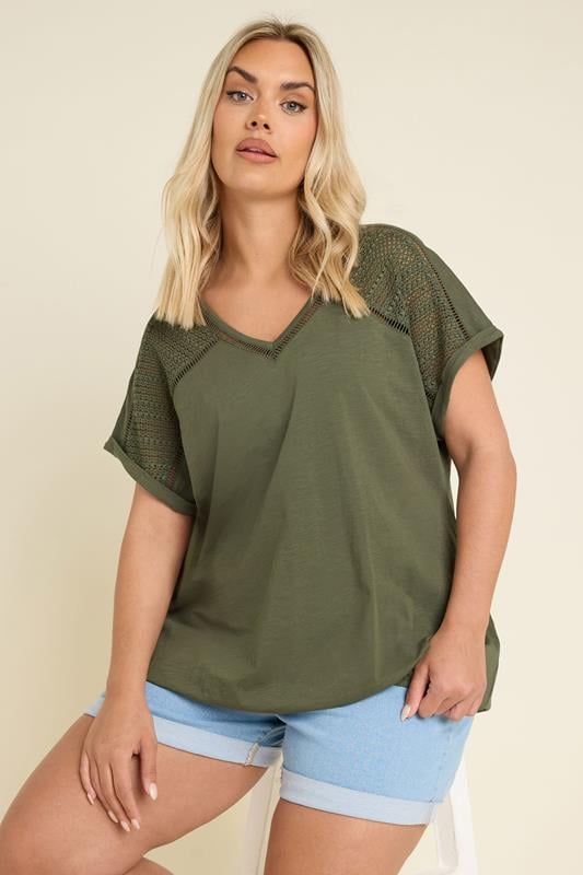 Evans YOURS Curve Khaki Green Crochet Bubble Hem T-Shirt