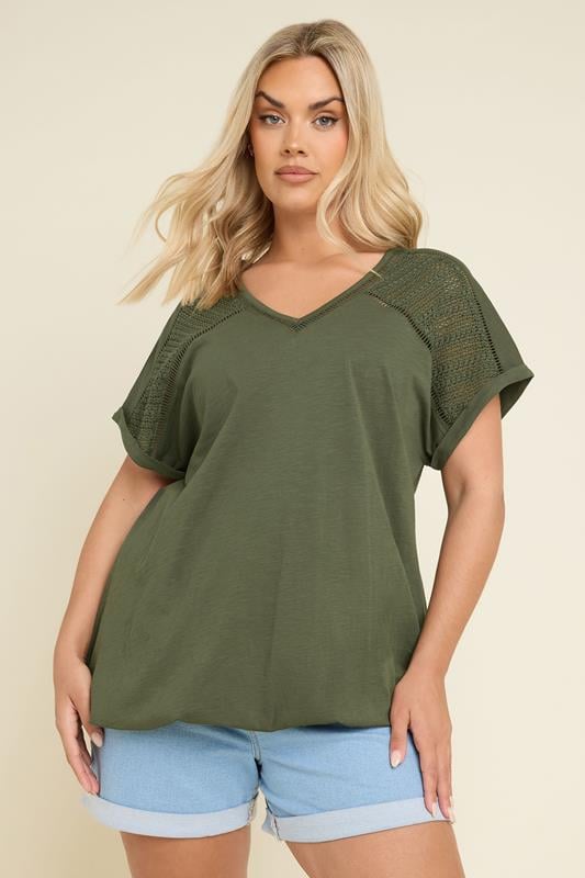 evans YOURS Curve Khaki Green Crochet Bubble Hem T-Shirt