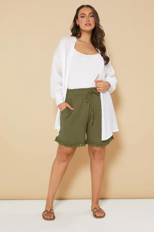 Evans YOURS Curve Khaki Green Crochet Trim Crinkle Shorts