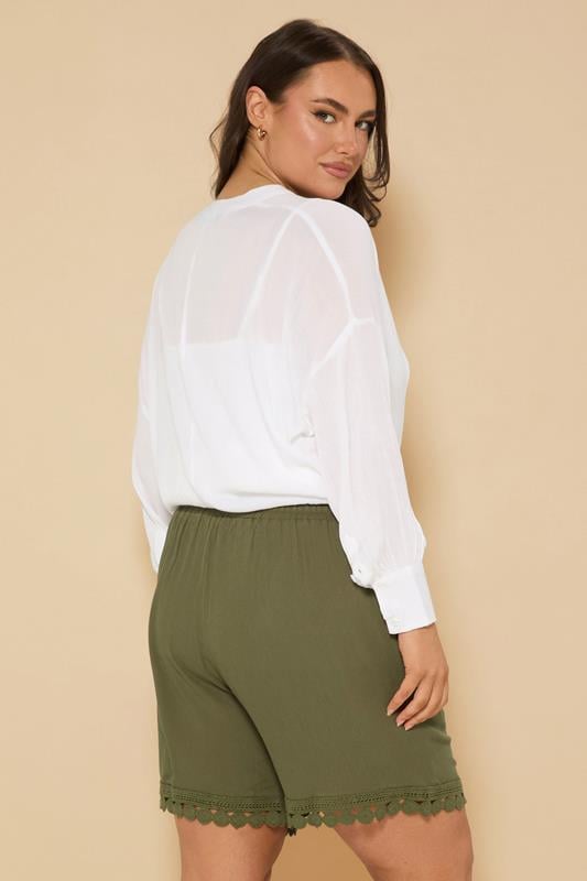 Evans YOURS Curve Khaki Green Crochet Trim Crinkle Shorts