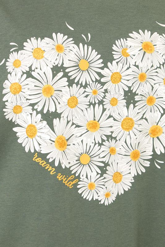 Evans YOURS Curve Khaki Green Daisy Heart Print T-Shirt