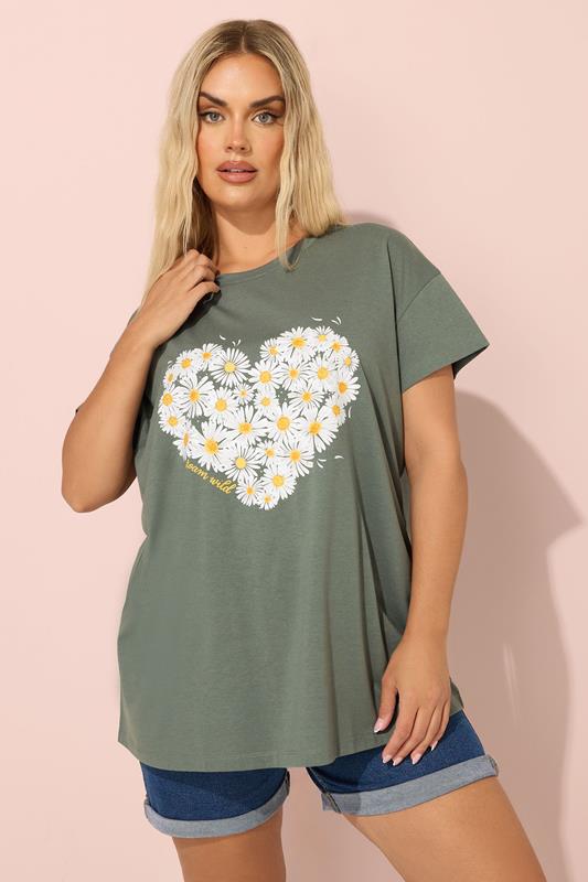 evans YOURS Curve Khaki Green Daisy Heart Print T-Shirt