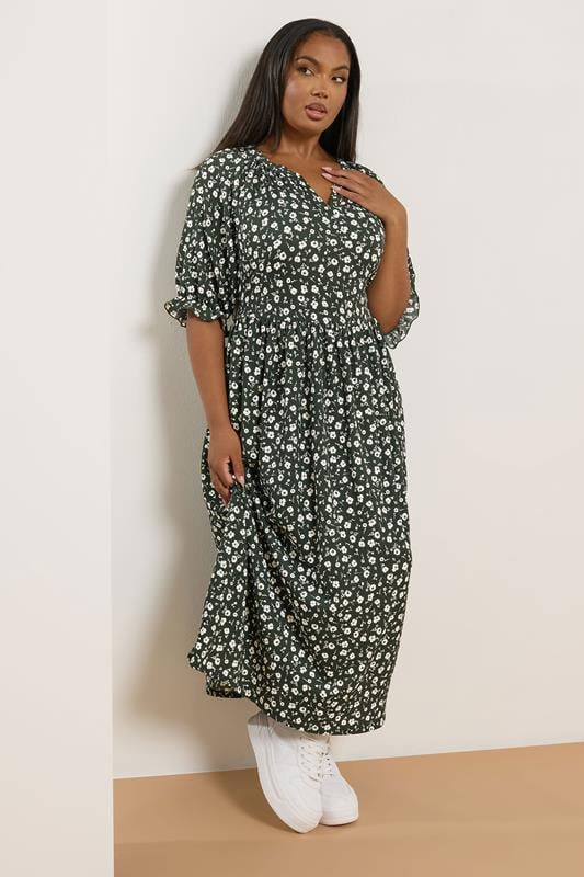 Evans YOURS Curve Khaki Green Ditsy Floral Notch Neck Dress