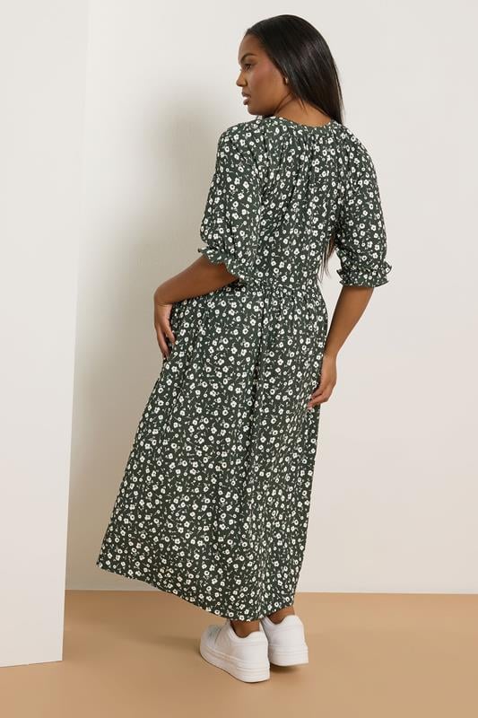 Evans YOURS Curve Khaki Green Ditsy Floral Notch Neck Dress