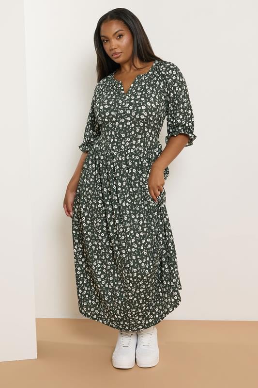 evans YOURS Curve Khaki Green Ditsy Floral Notch Neck Dress