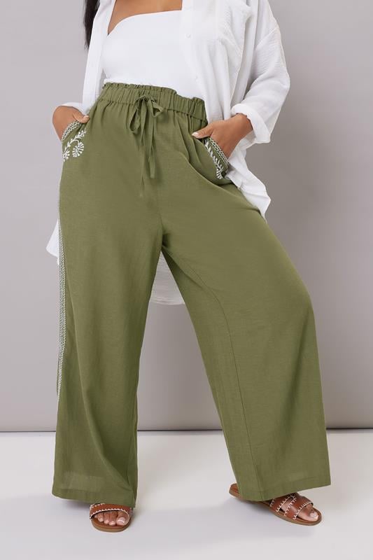 Evans YOURS Curve Khaki Green Embroidery Wide Leg Linen Trousers