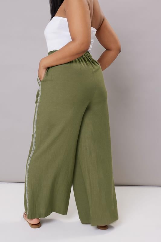 Evans YOURS Curve Khaki Green Embroidery Wide Leg Linen Trousers