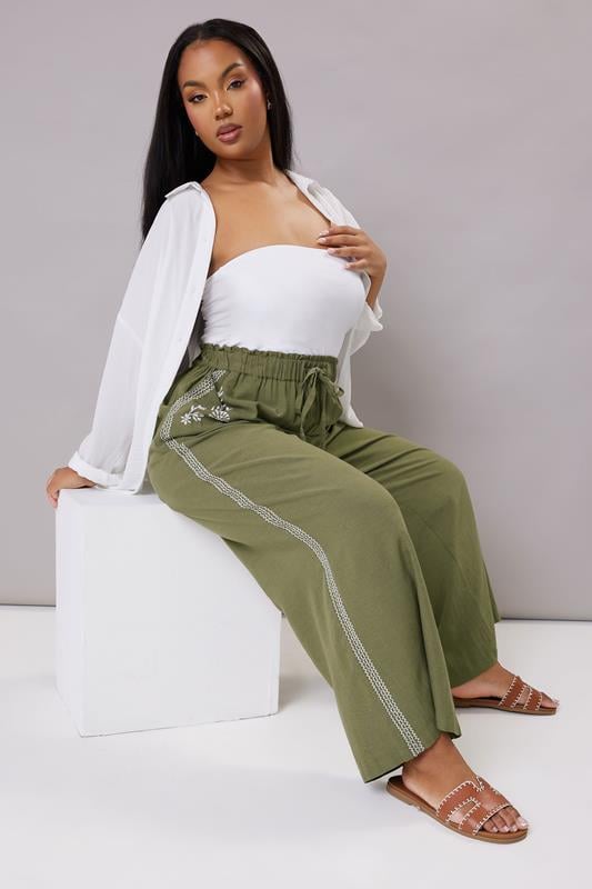 evans YOURS Curve Khaki Green Embroidery Wide Leg Linen Trousers