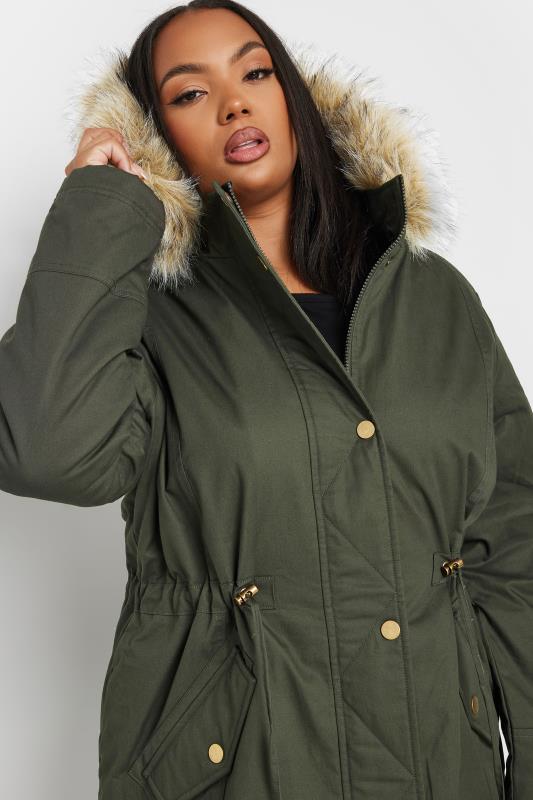 Evans YOURS Curve Khaki Green Faux Fur Trim Parka Coat