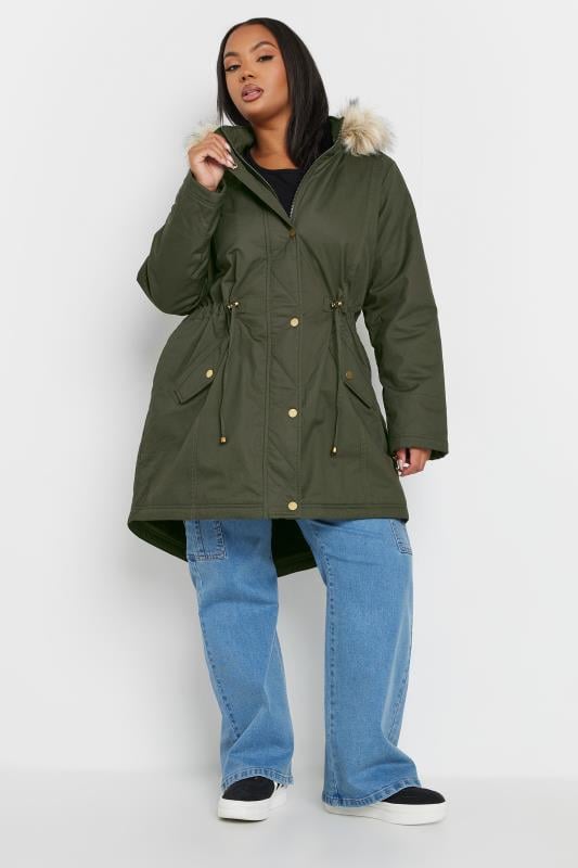 evans YOURS Curve Khaki Green Faux Fur Trim Parka Coat