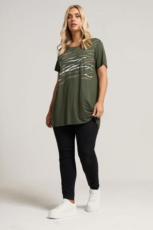 Evans YOURS Curve Khaki Green Foil Animal Print Top