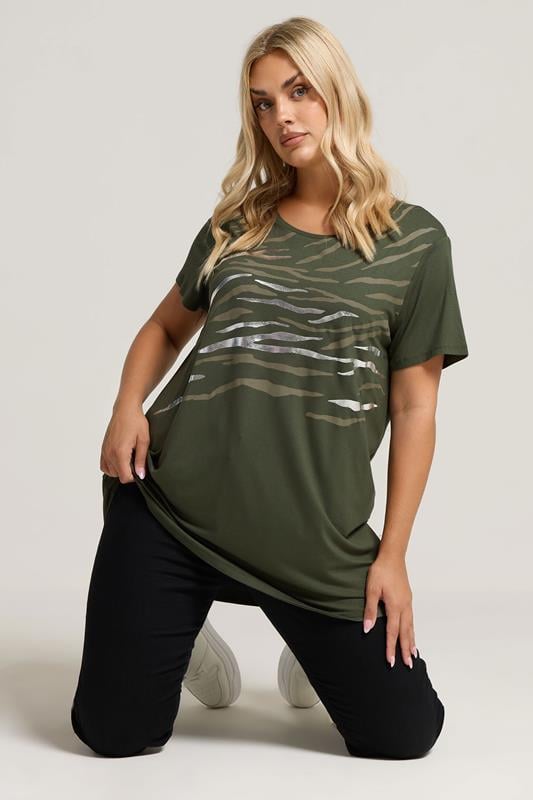 evans YOURS Curve Khaki Green Foil Animal Print Top