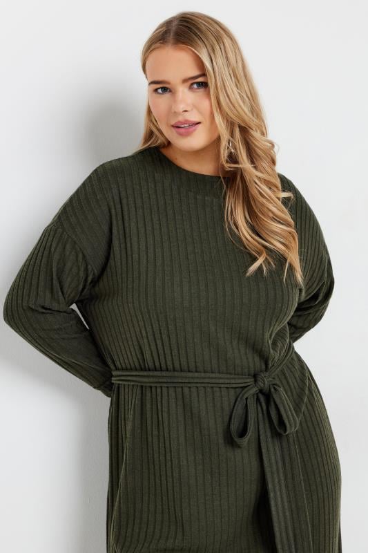 Evans YOURS Curve Khaki Green High Neck Knitted Midi Dress