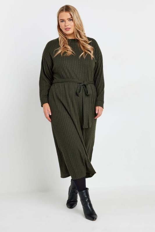 Evans YOURS Curve Khaki Green High Neck Knitted Midi Dress