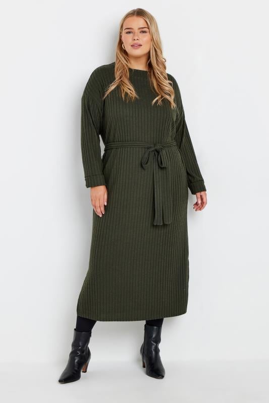 evans YOURS Curve Khaki Green High Neck Knitted Midi Dress
