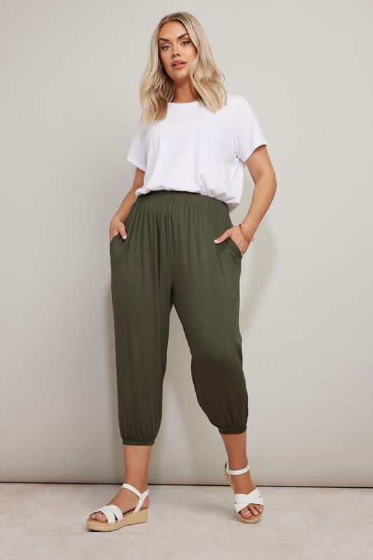 Evans YOURS Curve Khaki Green Jersey Cropped Harem Trousers
