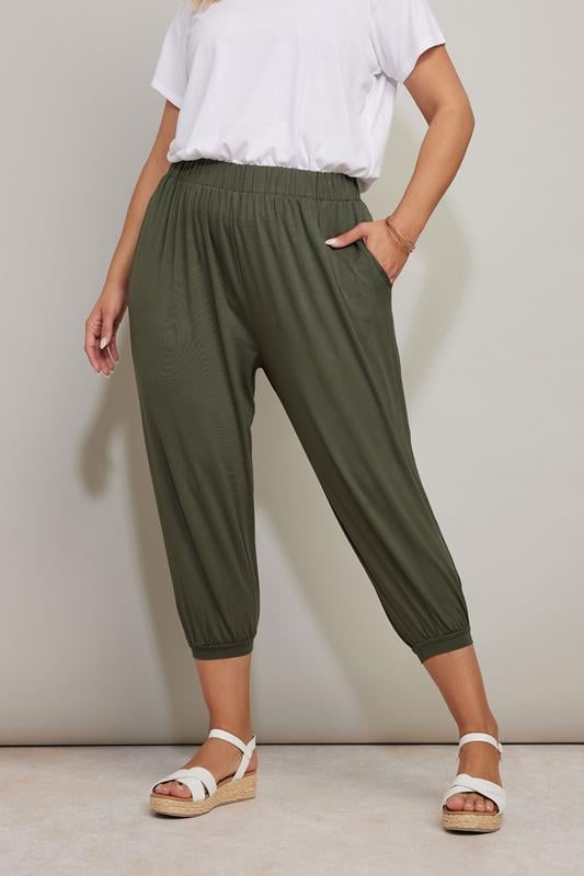 evans YOURS Curve Khaki Green Jersey Cropped Harem Trousers
