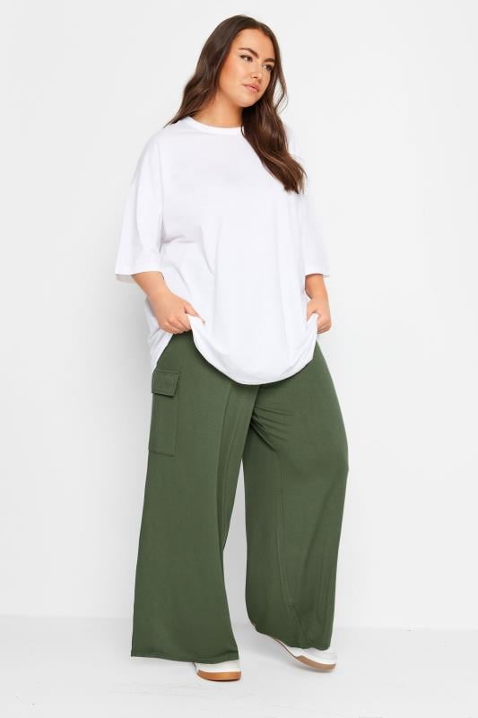 Evans YOURS Curve Khaki Green Jersey Wide Leg Cargo Trousers