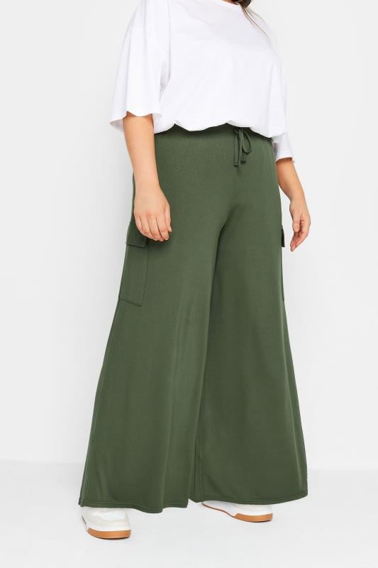 evans YOURS Curve Khaki Green Jersey Wide Leg Cargo Trousers