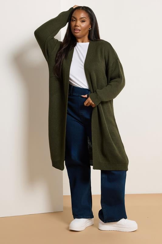 evans YOURS Curve Khaki Green Knitted Midi Cardigan