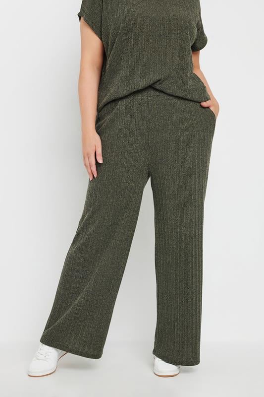 evans YOURS Curve Khaki Green Knitted Wide Leg Trousers