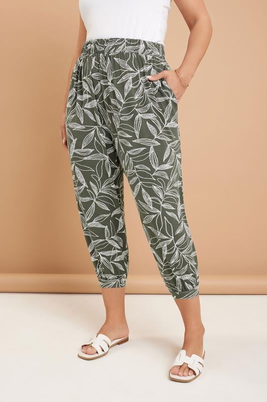 Evans YOURS Curve Khaki Green Leaf Print Cropped Harem Trousers