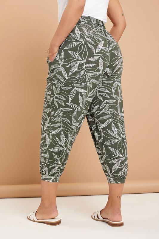 Evans YOURS Curve Khaki Green Leaf Print Cropped Harem Trousers