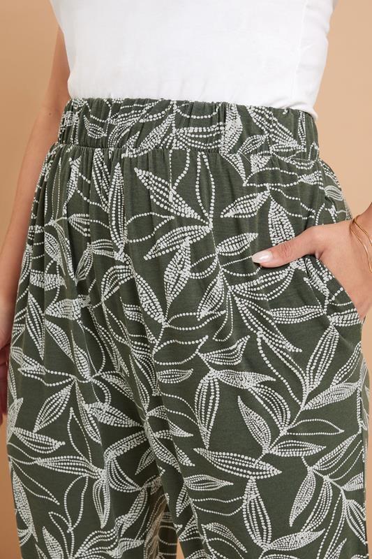 Evans YOURS Curve Khaki Green Leaf Print Cropped Harem Trousers