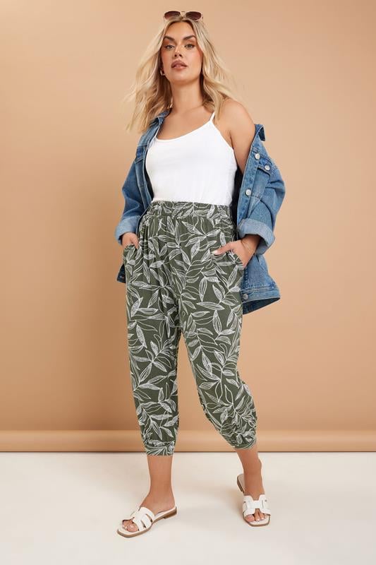 evans YOURS Curve Khaki Green Leaf Print Cropped Harem Trousers