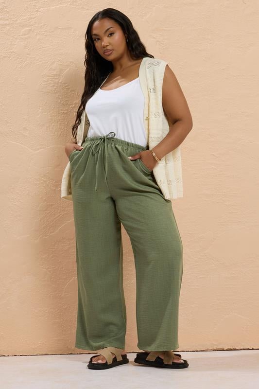 Evans YOURS Curve Khaki Green Linen Look Wide Leg Trousers