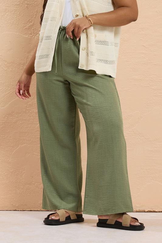 evans YOURS Curve Khaki Green Linen Look Wide Leg Trousers