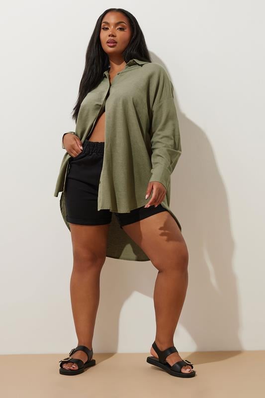 Evans YOURS Curve Khaki Green Long Sleeve Linen Shirt